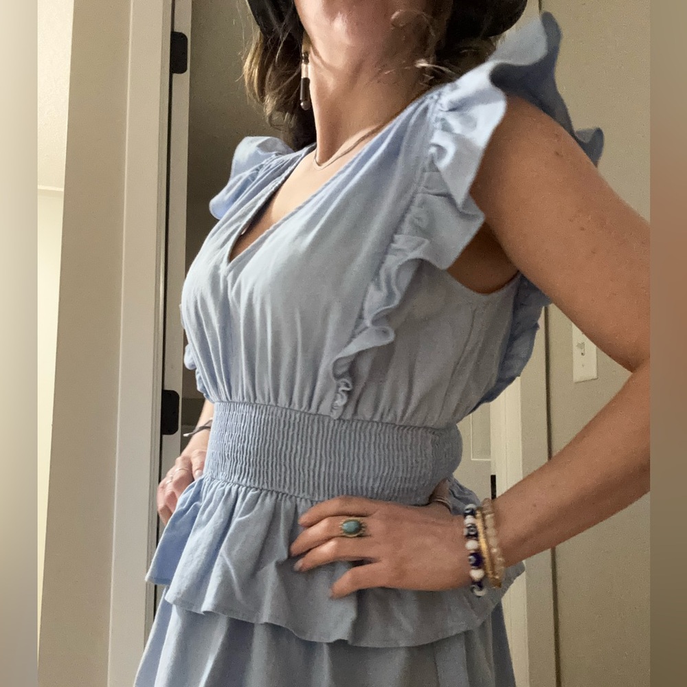 Designed in LA - Denim/Light Blue Ruffle-Sleeve Maxi Dress with Smocked Waist
